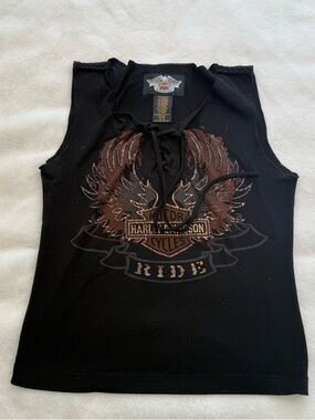 Harley-Davidson Black Tank Top with Brown Winged Graphic and Lace-Up Neck
